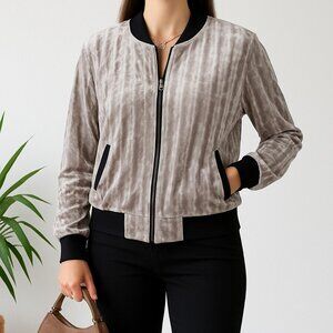 LuLaRoe Womens L Light Grey Crushed Velvet Bomber Jacket Zip Up Striped Ribbed